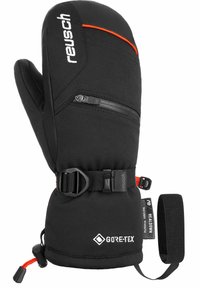 Mitaines noires en matériau GORE-TEX, avec poche zippée, sangle de poignet réglable et accents orange. Présente un intérieur doux et isolé.