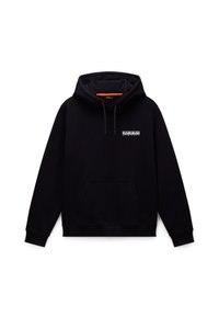 Sudadera negra hecha de una mezcla de algodón, con un bolsillo delantero, capucha con cordón y un logo impreso en blanco en el pecho.