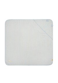 Striped cotton baby towel in light blue and white, featuring a hood with ear accents and a small bear logo on the corner. Soft texture.