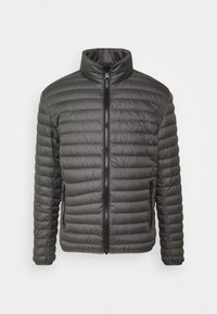 Vadderad jacka i mörkgrått med hög krage och dragkedja, med sidofickor och en slät, glänsande yta.