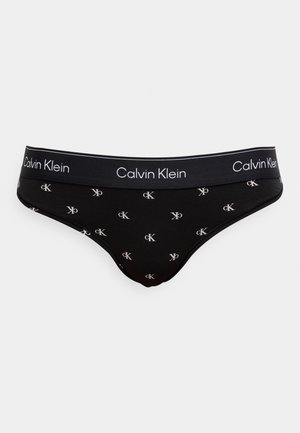 Black Calvin Klein briefs with a soft waistband and repeated logo pattern in light gray. Stretchy fabric and classic brief cut.
