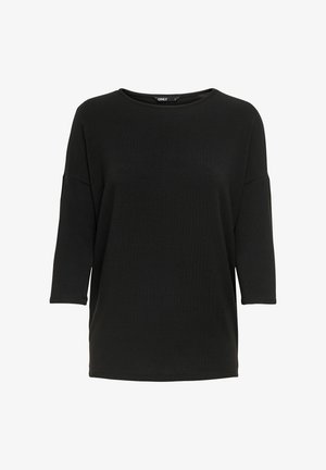 Haut noir à manches longues en tissu doux et texturé. Présente un col rond et une coupe ample avec des manches trois-quarts.