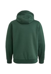 Green hoodie with a soft, textured fabric. Features a rounded hood, ribbed cuffs, and a straight hem. Simple design without embellishments.
