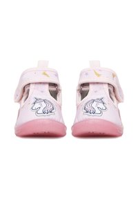 Ružové látkové topánky s suchým zipsom, s motívom jednorožca a zlatými hviezdičkami. Priehľadná ružová podrážka s trblietkami.