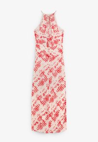 Maxi šaty z lehkého materiálu s abstraktním vzorem v červené a bílé barvě. Design s halter krkem a klíčovou dírou na zádech s detailem vázání.