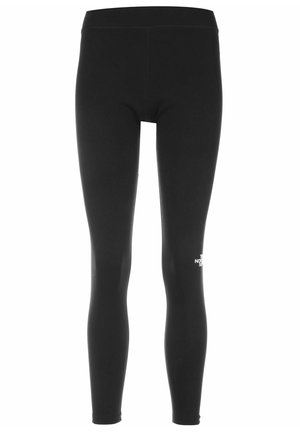 Czarne legginsy o dopasowanym kroju z elastycznym pasem i małym białym logo "The North Face" na lewym udzie.