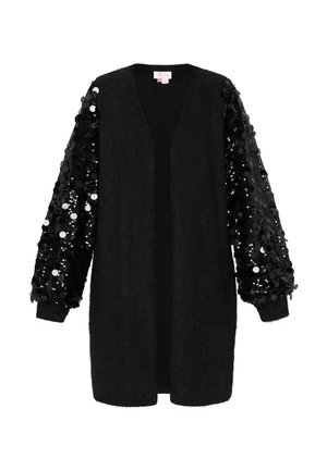 Cardigan noir avec un corps doux et texturé, doté de manches volumineuses ornées de paillettes noires brillantes et de poignets élastiques. Design à l'avant ouvert.