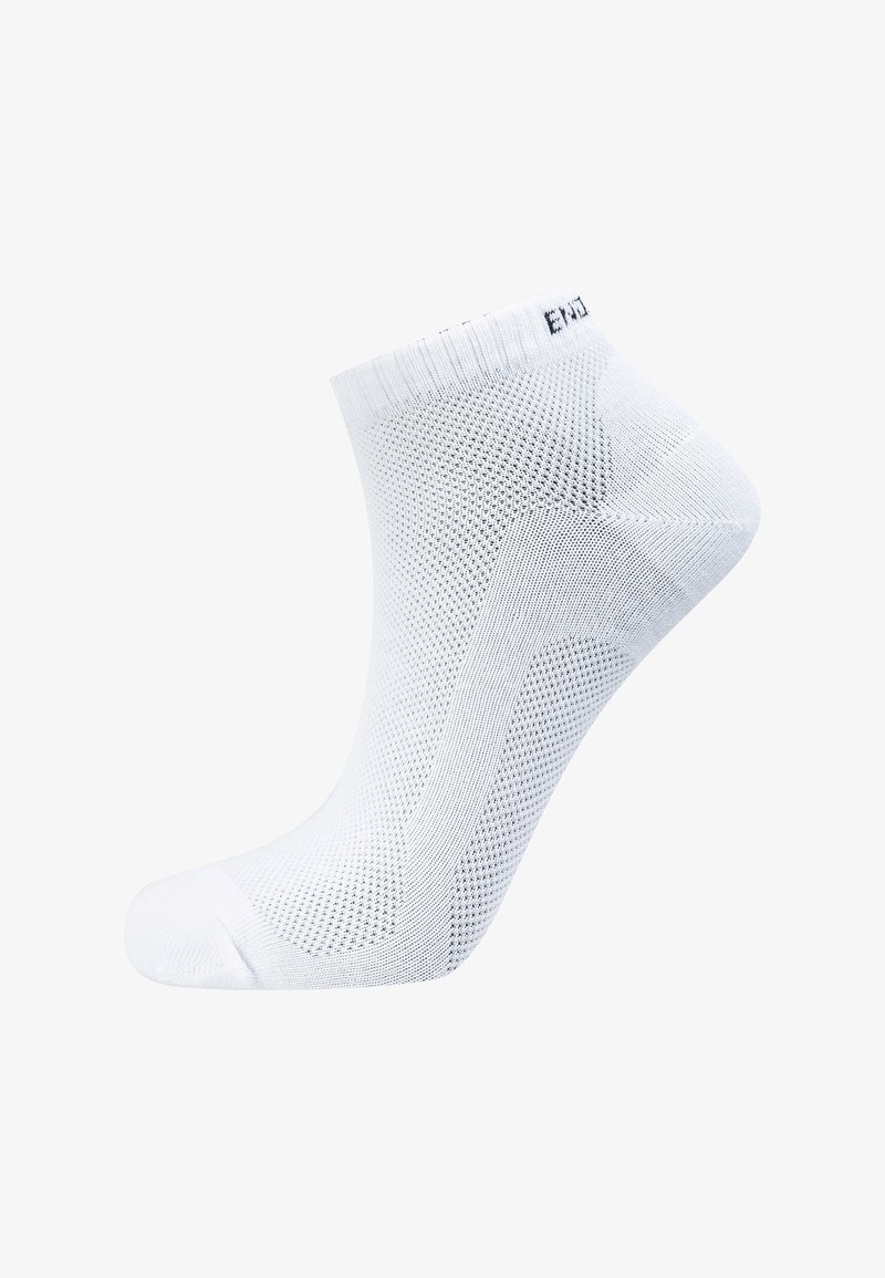 Weiße Knöchelsocke mit Netzstruktur, geripptem Bund und verstärkter Zehenpartie. Leichtes Design, geeignet für sportliche oder legere Kleidung.