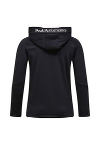 Schwarzer Kapuzenpullover mit langen Ärmeln, der ein Logo am Kragen trägt. Glattes Material mit kontrastierenden Ärmeldetails. Einfaches, elegantes Design.