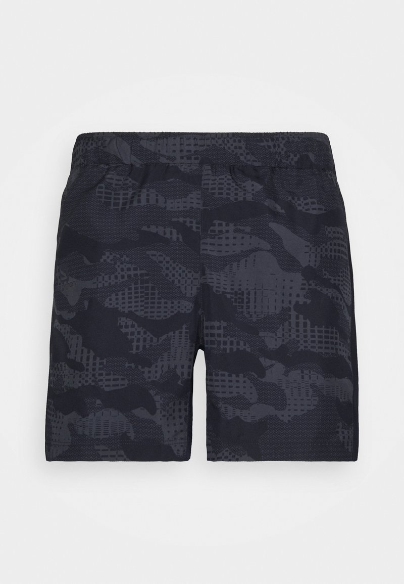 Tumman laivastonsiniset urheilushortsit, joissa on teksturoitu kamuflaažikuvio, joustava vyötärö ja kevyt materiaali mukavuutta varten.