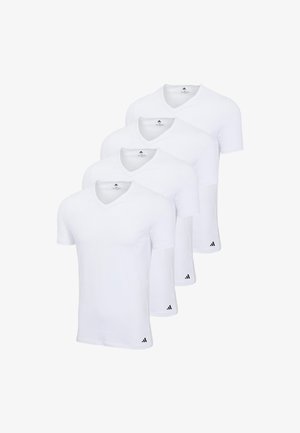 Vier weiße V-Ausschnitt-T-Shirts aus glatter Baumwolle. Jedes hat kurze Ärmel und ein kleines schwarzes Logo auf der unteren linken Seite.