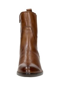 Bruine leren enkellaars met een gladde afwerking, ronde neus, zijrits, en een kleine haak aan de achterkant voor eenvoudig aan- en uittrekken.