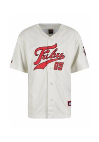 Maillot de baseball couleur crème avec des lettres rouges "FUBU" et "05" sur le devant; comprend des rayures verticales et des boutons au centre.