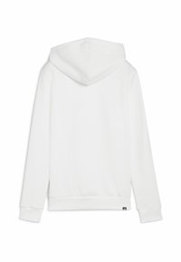 Sudadera blanca con capucha, de textura suave, con bolsillo tipo canguro, puños de canalé y una pequeña etiqueta en el dobladillo.
