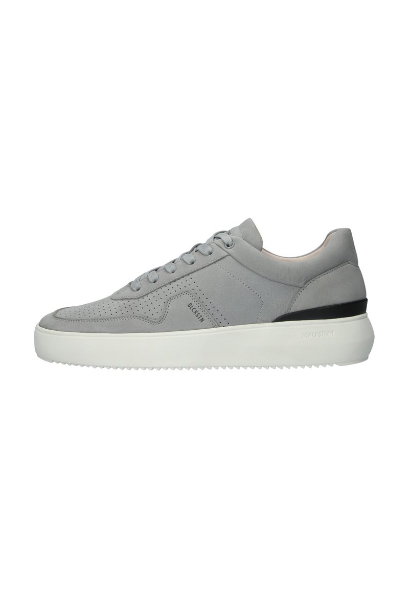 Sneaker grigie in suede con un design perforato, lacci piatti, suola in gomma bianca e un sottile accento nero sul tallone.