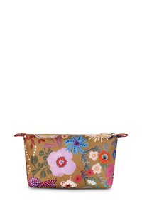 Bloemrijke cosmetica tas van bruine stof, met levendige roze, blauwe en groene bloemen. Inclusief een ritssluiting en een rode gevlochten zijhandgreep.