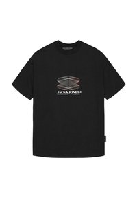 Zwarte katoenen t-shirt met korte mouwen, voorzien van een grafisch design in grijs en oranje, waarop "JACK & JONES" en een cirkelpatroon staan.