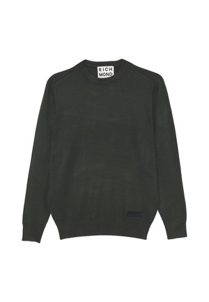 Maglione a maglia verde scuro con scollatura rotonda, maniche lunghe e polsini a coste. Presenta un'etichetta nera sul lato sinistro in basso.