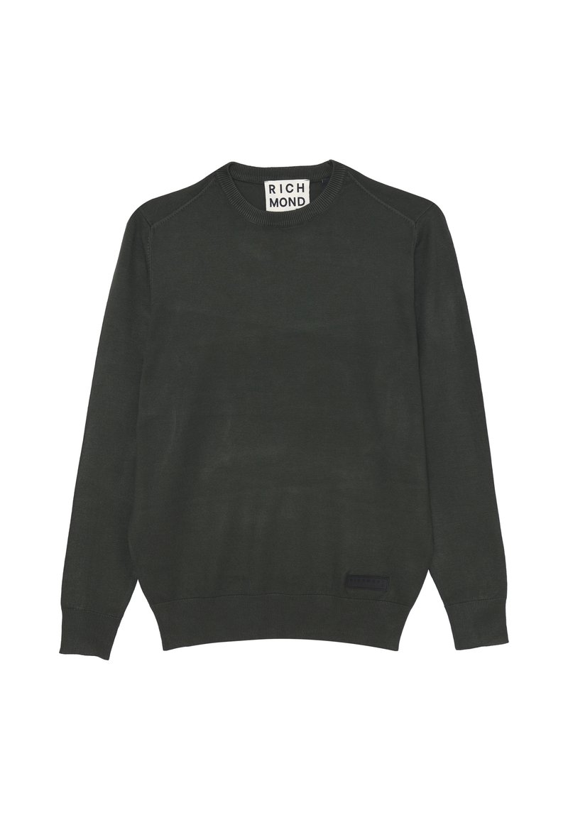 Maglione a maglia verde scuro con scollatura rotonda, maniche lunghe e polsini a coste. Presenta un'etichetta nera sul lato sinistro in basso.