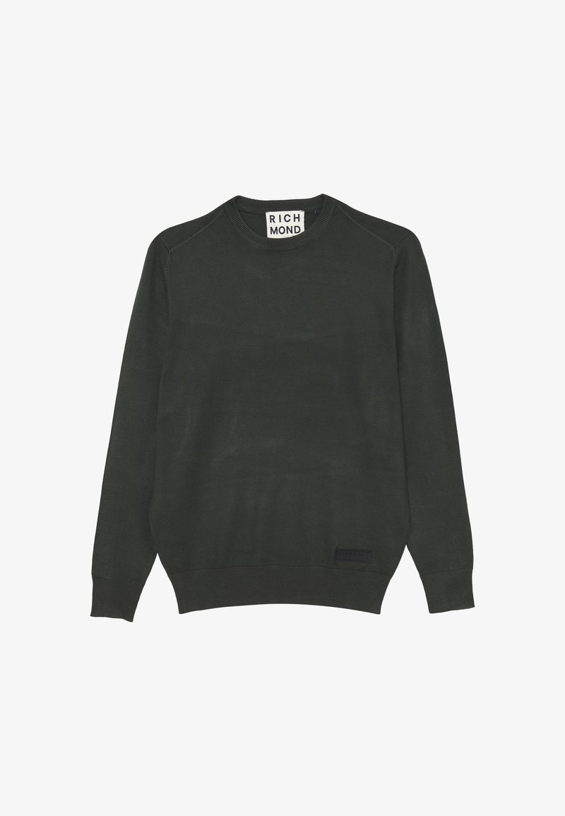 Maglione a maglia verde scuro con scollatura rotonda, maniche lunghe e polsini a coste. Presenta un'etichetta nera sul lato sinistro in basso.