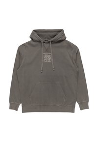 Felpa grigia con cappuccio e tasca frontale, caratterizzata da un logo sul petto. Realizzata in tessuto morbido con polsini e orlo a coste.