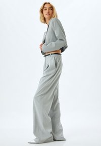 Lichtgrijze, cropped blazer met wijde pijpen, gemaakt van een textuurstof met subtiele krijtstrepen. Zilveren accenten op het schoeisel maken de look compleet.