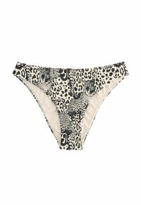 Bikini spodnje hlače z leopardjim vzorcem, ki imajo bež ozadje, visoke izreze na nogah in gladko teksturo. Oblikovane za prileganje silhueti.