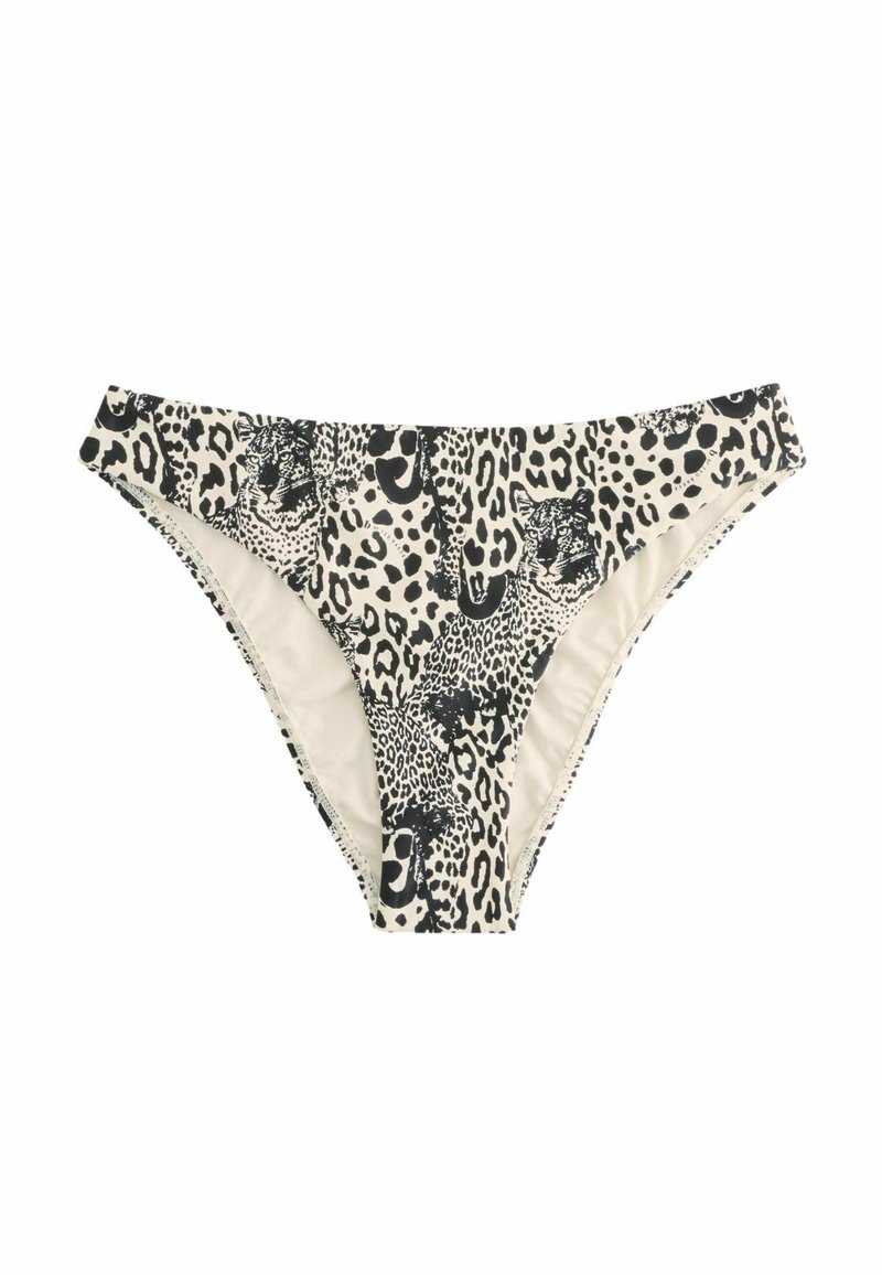 Bikini spodnje hlače z leopardjim vzorcem, ki imajo bež ozadje, visoke izreze na nogah in gladko teksturo. Oblikovane za prileganje silhueti.
