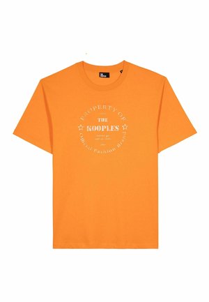 Oranges Baumwoll-T-Shirt mit kurzen Ärmeln, rundem Ausschnitt und zentralem, weißem Drucktext, der die Marke und den Slogan in einem kreisförmigen Layout zeigt.