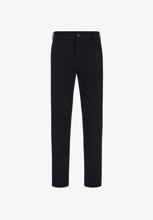 Schwarze Hose mit geradem Bein, ausgestattet mit Knopfverschluss und Gürtelschlaufen. Hergestellt aus glattem Stoff. Keine sichtbaren Muster oder Akzente.