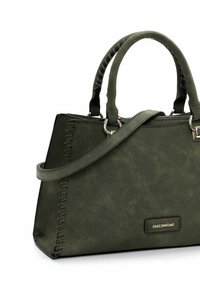 Green synthetic handbag with a structured shape, dual handles, and a detachable shoulder strap. Features stitched accents and logo plaque.