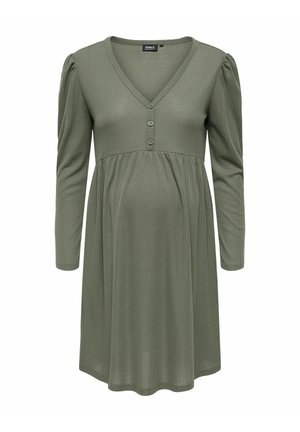 Abito premaman verde oliva con scollo a V, tre bottoni davanti, maniche lunghe e un corpetto aderente che si allarga in vita.