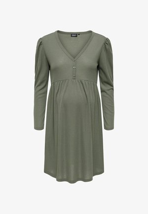 Rochie de maternitate verde măsliniu cu decolteu în V, trei nasturi în față, mâneci lungi și un corp ajustat care se lărgește la talie.