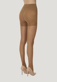 Hudfärgade sömlösa strumpbyxor med slät textur, hög midja och genomskinlig finish, kombinerade med beige högklackade skor.