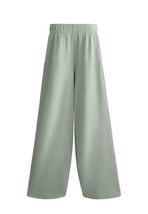 Pantaloni a gamba larga di un verde chiaro, realizzati in tessuto morbido con vita elastica e tasche laterali. Taglio dritto, texture liscia.