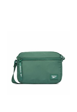 Borsa a tracolla rettangolare verde con tasca frontale con cerniera, tracolla regolabile e patch con logo Reebok e tiretto della cerniera.