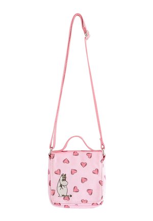 Rosa Umhängetasche mit einer Comicfigur und verstreuten rosa Herzmustern, ausgestattet mit einem oberen Griff und einem verstellbaren Riemen.