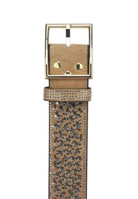Cinturón de cuero marrón con patrón recortado, adornado con piedras brillantes. Cuenta con una hebilla rectangular dorada y una textura suave.
