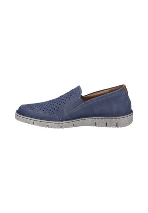 Blue slip-on shoe made of leather with a woven design on the front. Features a gray rubber sole and contrasting stitching on the upper.