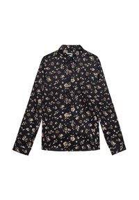 Camicia a maniche lunghe con un motivo floreale in crema e marrone su uno sfondo blu scuro. Presenta un colletto classico e chiusura con bottoni.