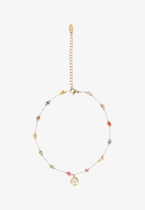 Delikatny złoty naszyjnik z łańcuszkiem z wielobarwnych koralików i małą okrągłą zawieszką w kształcie drzewa życia, wyposażony w regulowane zapięcie.
