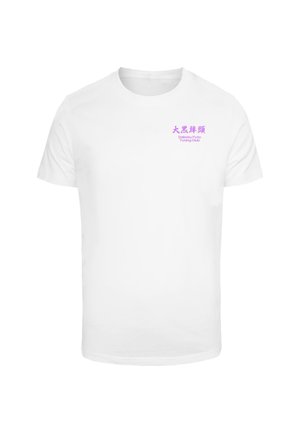 White cotton t-shirt featuring light purple text that reads "大黒埠頭 Daikoku Futo Tuning Club" on the upper left chest area.
