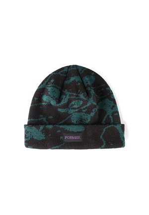 Knit beanie in black with teal abstract patterns. Features a folded cuff and a small purple logo tag stitched on. Made from soft, stretchy material.