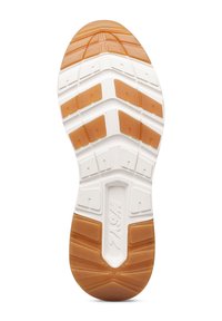 Semelle de chaussure avec un motif de marche en caoutchouc blanc et marron, présentant des rainures et la marque "W6YZ" en relief au centre.