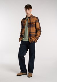 Camicia di flanella a quadri marrone e navy con chiusura a bottone, indossata sopra una maglietta verde chiaro, abbinata a pantaloni scuri e scarpe marroni.