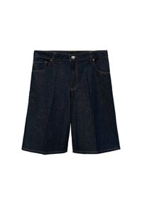 Mörka denimshorts med breda ben, med framfickor, femfickorsdesign och kontrasterande sömmar. Knappstängning i midjan.