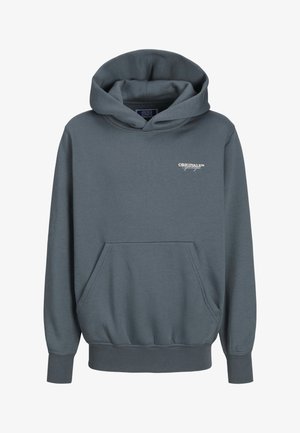 Grauer Baumwoll-Hoodie mit einer Fronttasche, verstellbarem Kordelzug, gerippten Bündchen und einem kleinen "ORIGINALS"-Logo auf der Brust.