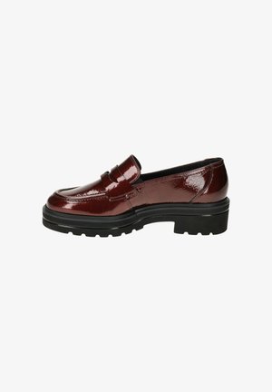 Glänzende bordeauxfarbene Lederloafers mit runder Zehenform, dekorativer Obernaht und dickem schwarzen Gummisohle. Flaches Design ohne Verschlüsse.