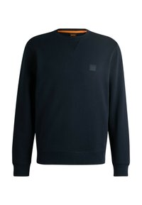 Felpa blu navy, colletto rotondo, maniche lunghe, realizzata in tessuto morbido, presenta un patch logo testurizzato sul petto, polsini e orlo a coste.