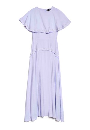 Abito senza maniche di lavanda con corpetto a strati e svasato, arricchito da dettagli arricciati lungo la vita, realizzato in un tessuto leggero e morbido.